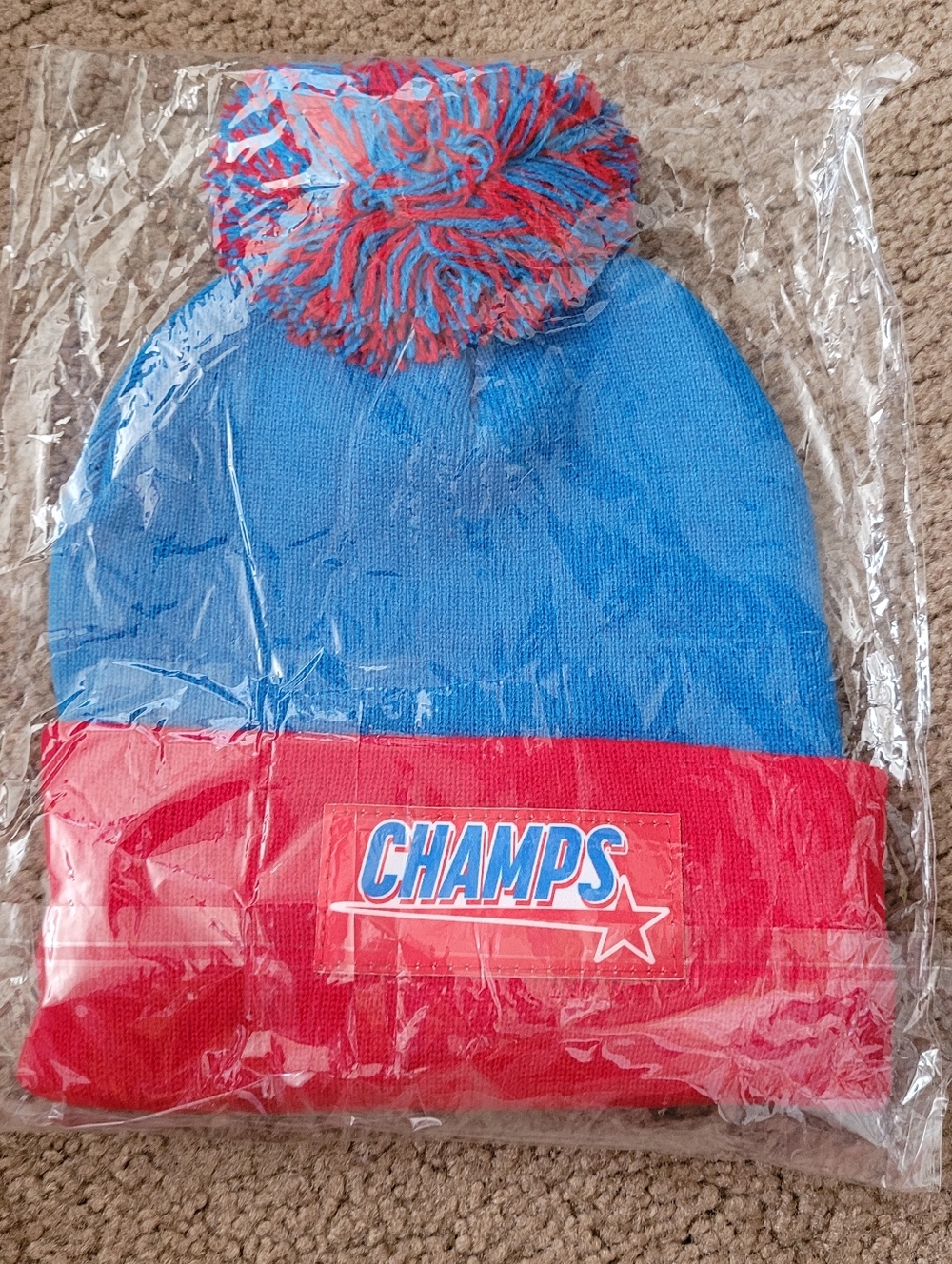 Champs Kids Blue and Red Pom-Pom Beanie
